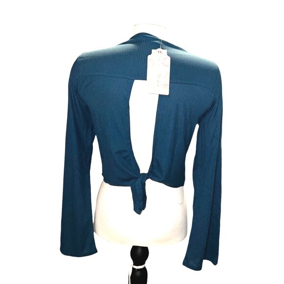 Band of the Free Open Back Ribbed High Neck Blouse Sz Medium Long Sleeve Teal - Picture 6 of 7